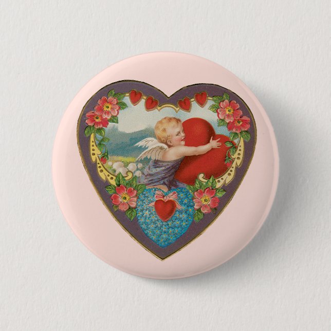 Badge Rond 5 Cm Saint Valentin vintage, Coeurs Cherub victoriens (Devant)