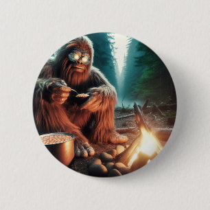 Badge Rond 5 Cm Sasquatch au feu de camp
