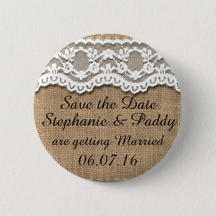 Badge Rond 5 Cm Sauvez la date, la toile de jute rustique et la