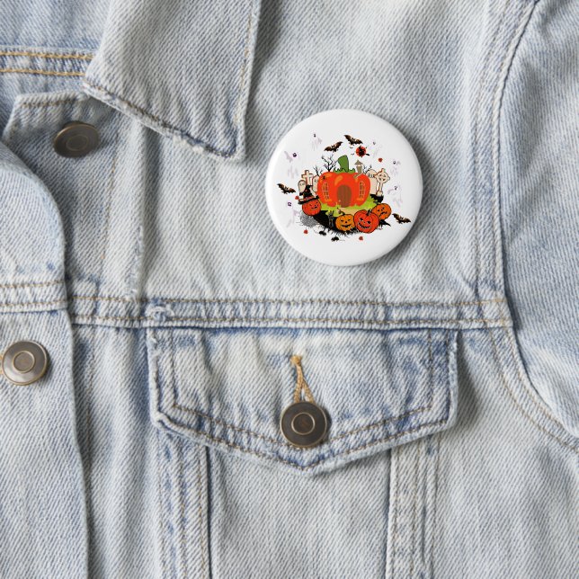 Badge Rond 5 Cm Scène éffrayante de cimetière Citrouille d'Hallowe (En situation)