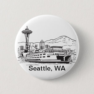 Badge Rond 5 Cm Seattle Ferry & Skyline Line Art Washington State