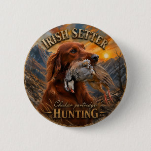 Badge Rond 5 Cm Setter Irlandais avec Perdrix Chukar ,Art