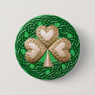 Badge Rond 5 Cm Shamrock d'or sur le bouton celtique de noeuds