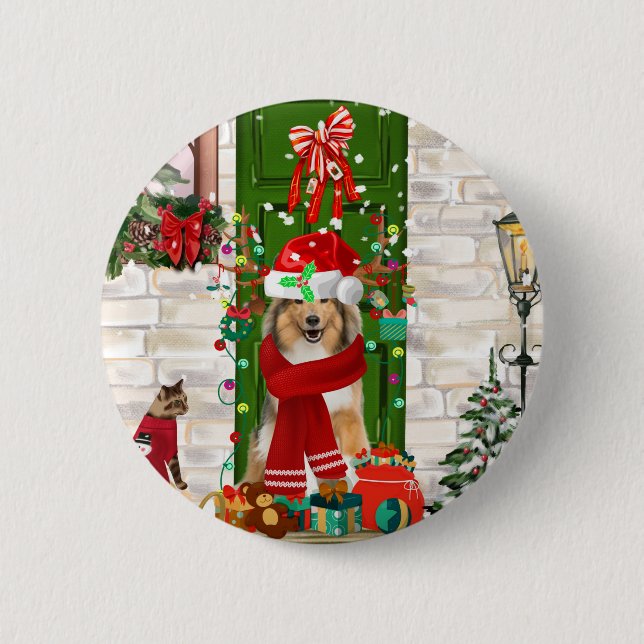 Badge Rond 5 Cm Sheltie Chien Noël (Devant)