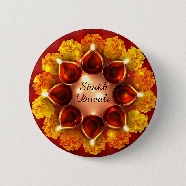 Badge Rond 5 Cm Shubh Diwali Diyas et Marigolds (Devant)