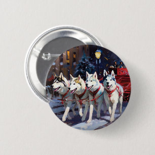 Badge Rond 5 Cm Siberian Husky Saison de Noël festive