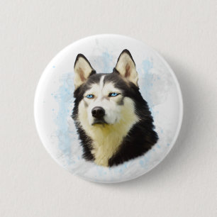 Badge Rond 5 Cm Sibérie Husky Dog Eau Couleur Art Peinture
