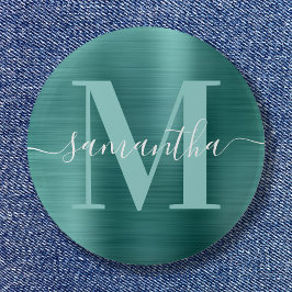 Badge Rond 5 Cm Signature Monogram Aqua Turquoise Shimmer Foil