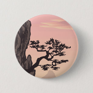 Badge Rond 5 Cm Silhouette d'arbre de style japonais en rose
