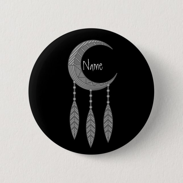Badge Rond 5 Cm Silver Crescent Moon Feathers (Devant)