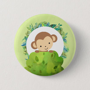 Badge Rond 5 Cm Singe Safari mignon avec Feuilles tropicaux