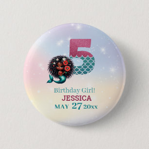 Badge Rond 5 Cm Sirène Africaine Américaine 5E Anniversaire