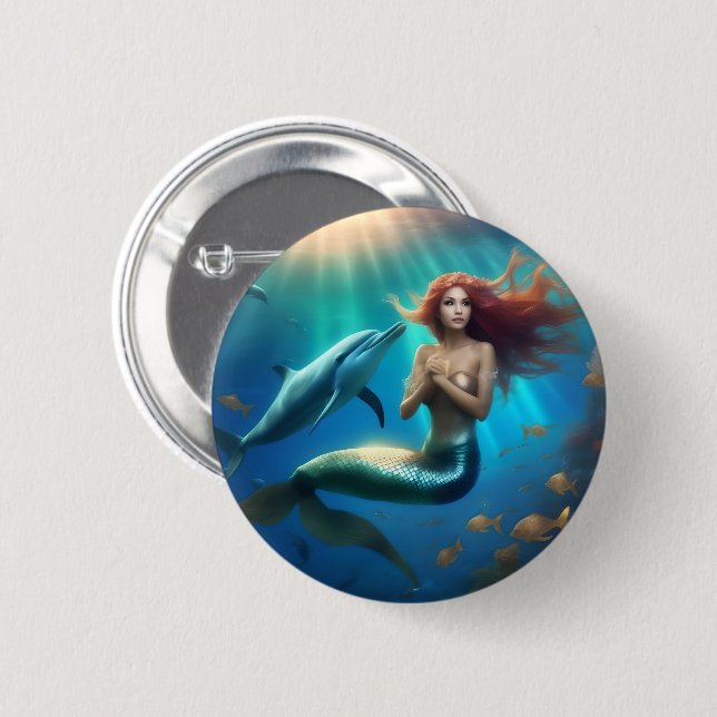 Badge Rond 5 Cm Sirène Angélique Nageant Avec Dauphins, (Devant & derrière)