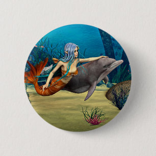 Badge Rond 5 Cm Sirène avec dauphin