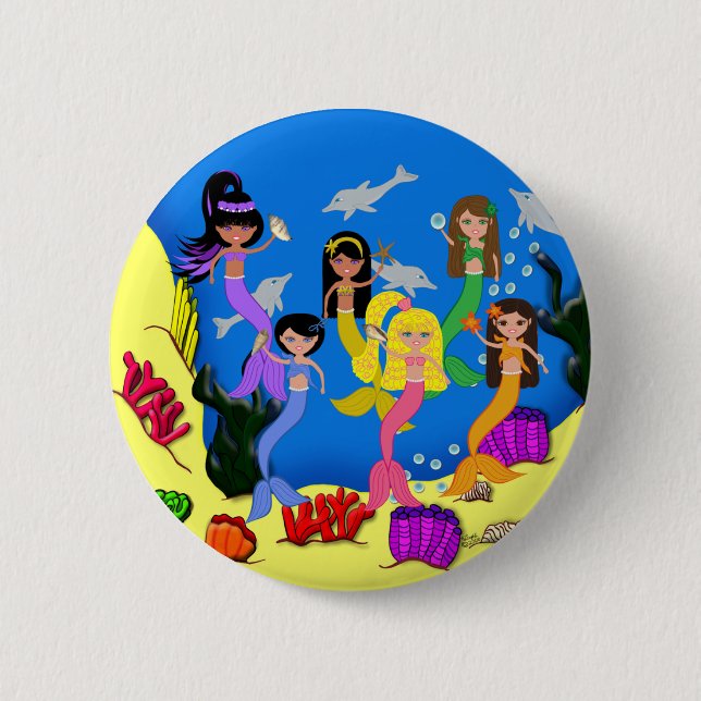 Badge Rond 5 Cm Sirènes en océan avec bouton Dolphins (Devant)