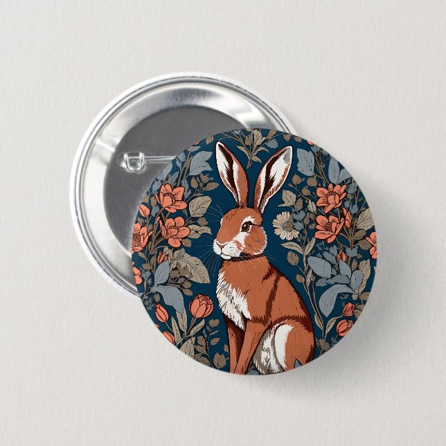 Badge Rond 5 Cm Sitting Hare William Morris Inspiré Floral (Devant & derrière)