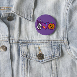 Badge Rond 5 Cm Skeleton Citrouille Peace Love Halloween