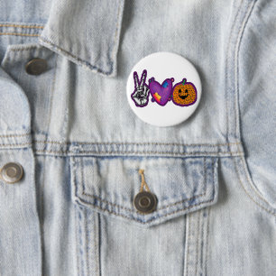 Badge Rond 5 Cm Skeleton Citrouille Peace Love Halloween