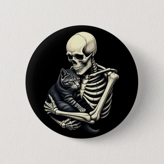 Badge Rond 5 Cm Skeleton Hugging Cat Funny Halloween Cat Lover (Devant)