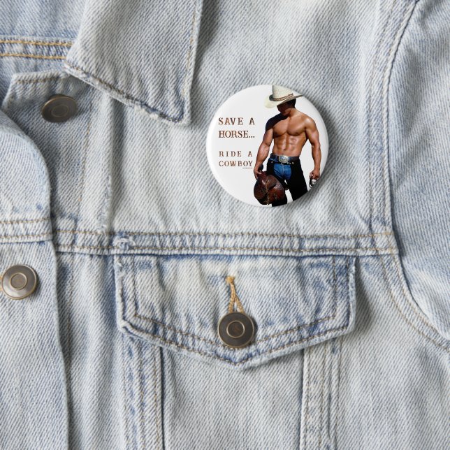 Badge Rond 5 Cm SlipperyJoe's save horse ride paille cowboy casque (En situation)