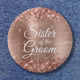 Badge Rond 5 Cm Sœur du Marié Pailleté Or Rose Feuille