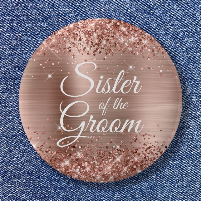 Badge Rond 5 Cm Soeur du marié pailleté or rose métallisé (Sister of the Groom Glittery Rose Gold Foil Button)