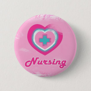Badge Rond 5 Cm Soins roses de coeur et de Croix