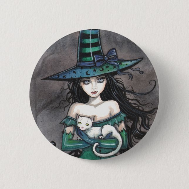 Badge Rond 5 Cm Sorcière avec bouton Pinback de chat blanc (Devant)