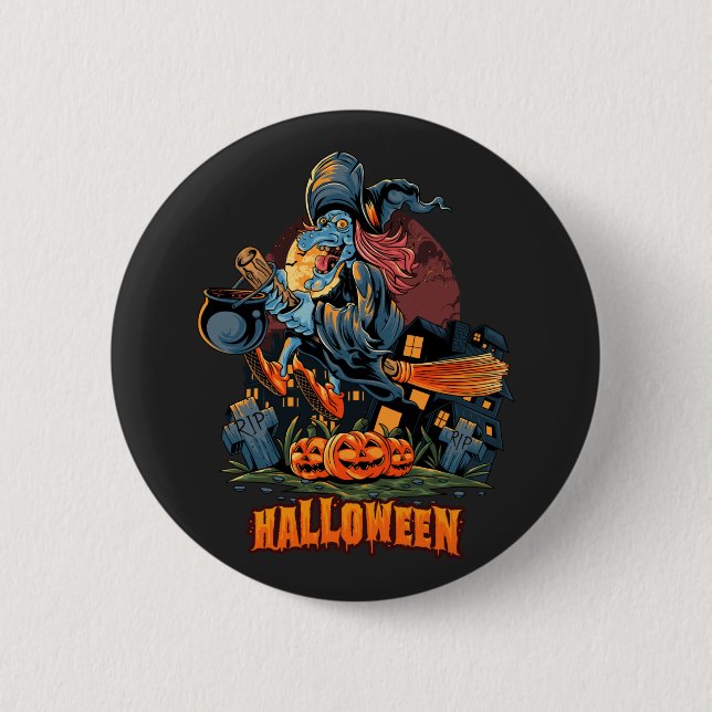 Badge Rond 5 Cm Sorcière effrayante sur une chambre (Devant)