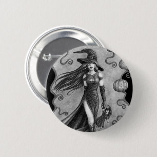 Badge Rond 5 Cm Sorcière et poupée Halloween