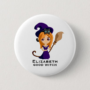 Badge Rond 5 Cm Sorcière mignonne en Casquette violet Halloween