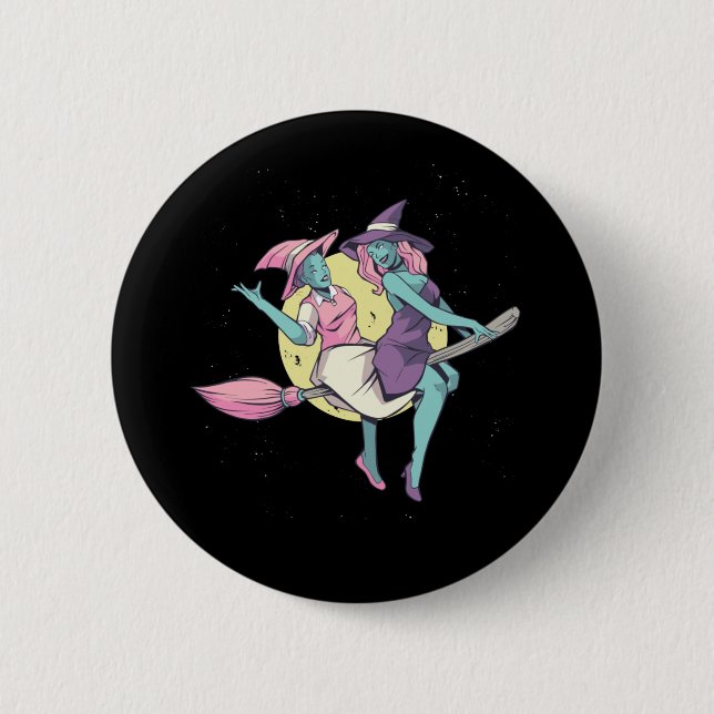 Badge Rond 5 Cm Sorcière Volant Broom Halloween Design (Devant)