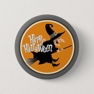 Badge Rond 5 Cm Sorcière volante sur Broom Halloween