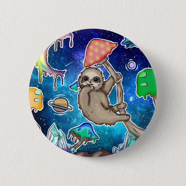 Badge Rond 5 Cm Space Galaxy Sloth Cosmic Champignons Bizarre Crys (Devant)