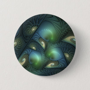 Badge Rond 5 Cm Spirales Turquoise Beige Vert Abstrait Fractal Art