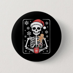 Badge Rond 5 Cm Squelette Boire Café Santa Hat Noël