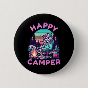 Badge Rond 5 Cm Squelette de campeur heureux Camping Vacances d'ét