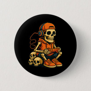 Badge Rond 5 Cm Squelette de Halloween joueur de jeu vidéo fantôme