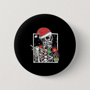 Badge Rond 5 Cm Squelette de Noël Smiling Crâne Boire Café S
