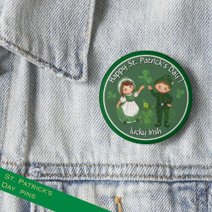 Badge Rond 5 Cm ST. Patrick's Day vintage Leprechaun & fille