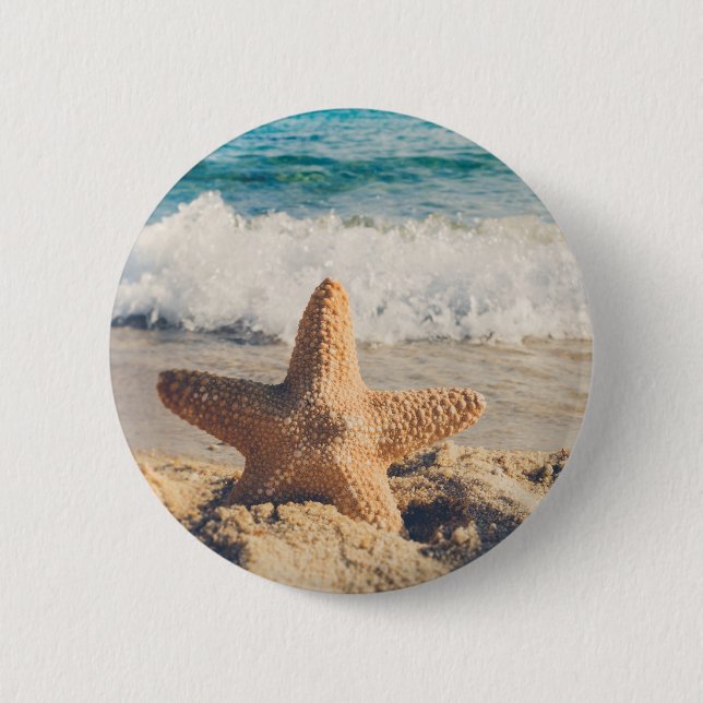 Badge Rond 5 Cm Starfish sur une plage de sable Photo (Devant)