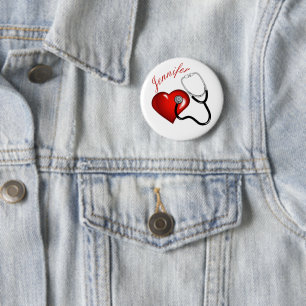 Badge Rond 5 Cm Stethoscope cardiaque Infirmière personnalisée Méd