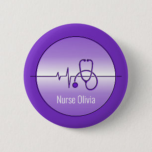 Badge Rond 5 Cm Stéthoscope Médical Violet Battement de Coeur
