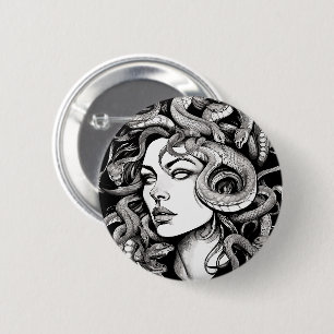 Badge Rond 5 Cm Style de tatouage de tête Medusa