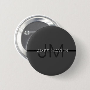 Badge Rond 5 Cm Stylé Masculin Gris Foncé Nom & Monogramme