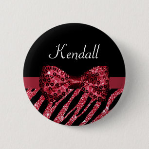 Badge Rond 5 Cm Style Red Zebra Print FAUX Glitz Bow avec nom