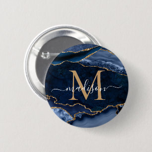 Badge Rond 5 Cm Stylo Marine Blue Gold Agate Geode Girly Monogramm