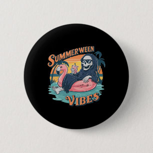 Badge Rond 5 Cm Summerween Vibes Skeleton Flamant rose Flotte été