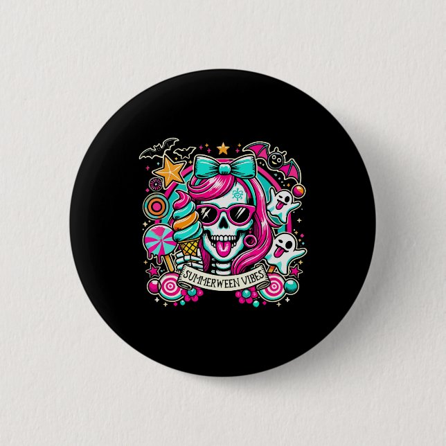 Badge Rond 5 Cm Summerween Vibes Skeleton Vacances Éffrayantes Hal (Devant)