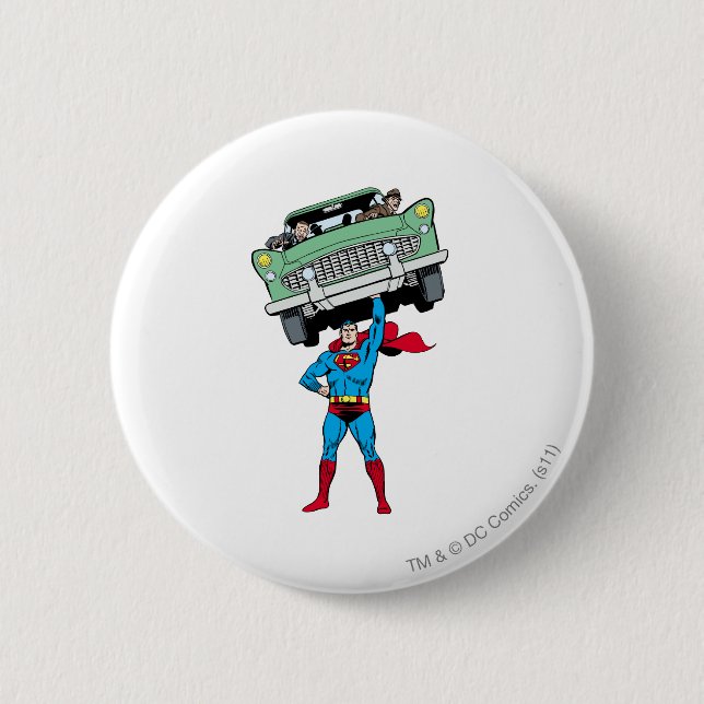 Badge Rond 5 Cm Superman tient une voiture (Devant)